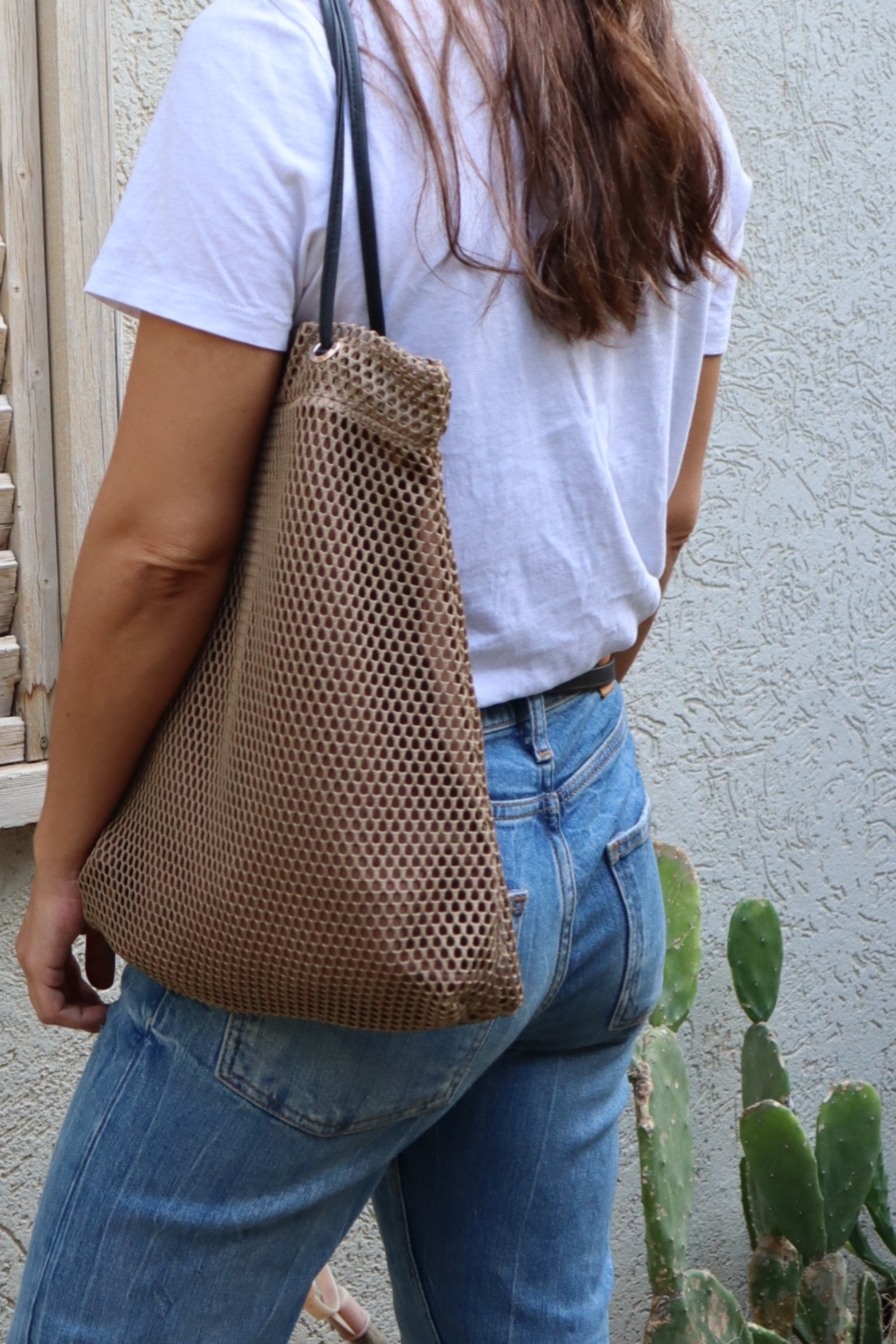 TRAPEZE BAG WITH LINEN - BROWN
