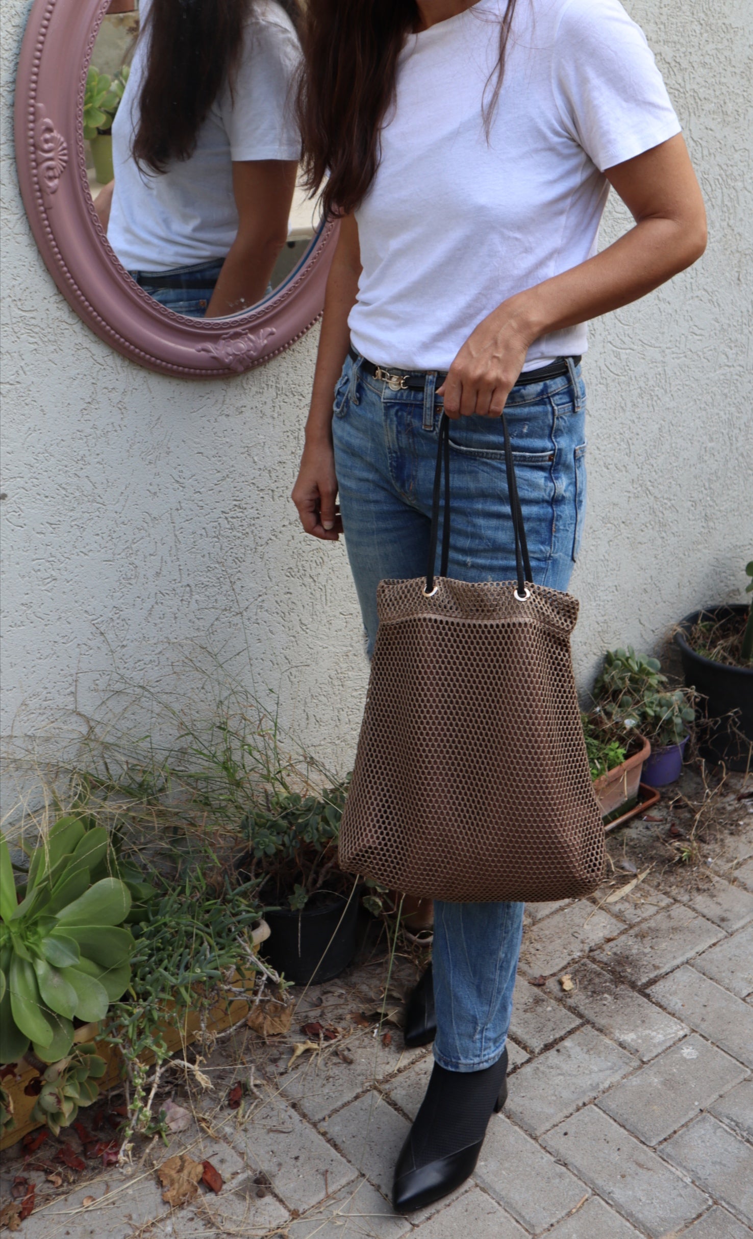 TRAPEZE BAG WITH LINEN - BROWN