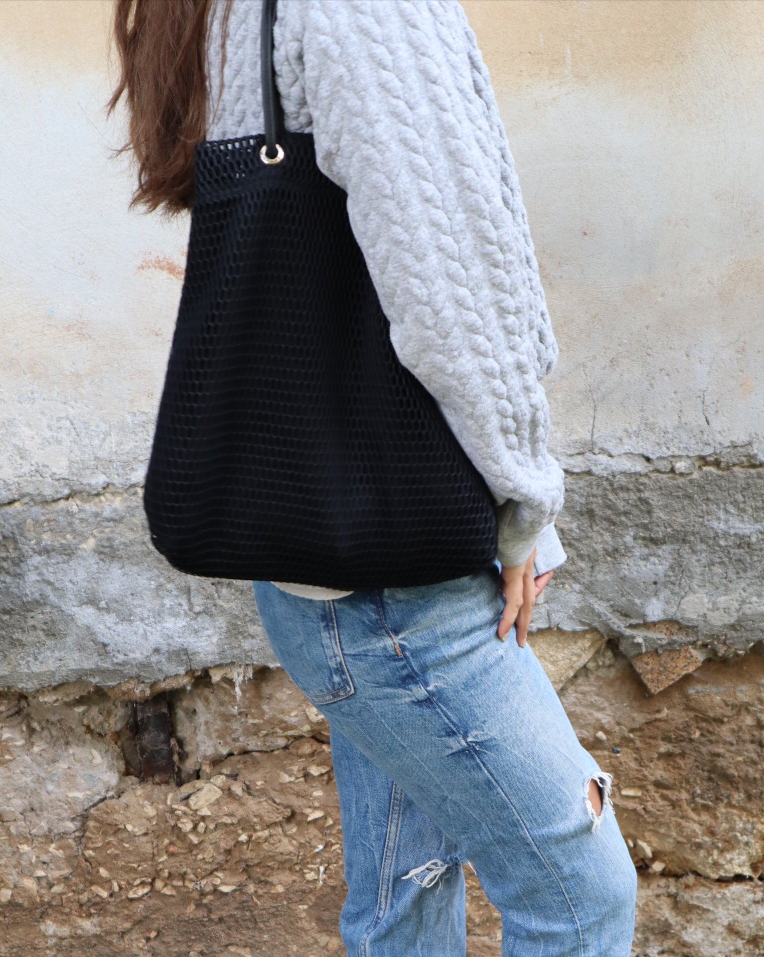 TRAPEZE BAG WITH LINEN - BLACK